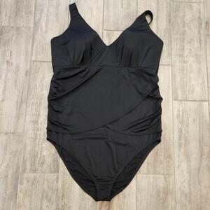 Cacique Swimsuit Womens Size 32 One Piece Black V Neck Draped Ruched Front Swim